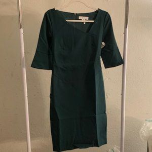 Lark & Ro Green Asymmetric V Neck 1/2 Sleeve Knee Length  Sheath Dress 4 NWT